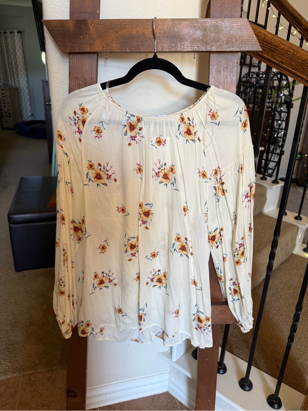First Love Cream Floral Peasant Blouse with Mustard Accents